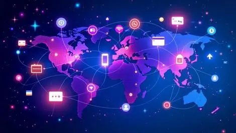 Dynamic global ecommerce network digital payment icons world map technology connectivity