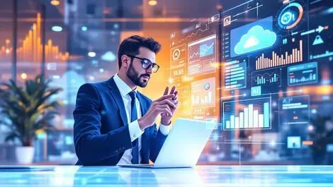 Business professional analyzing transparent data screens cloud ai tech hybrid it investment insights modern digital illustration