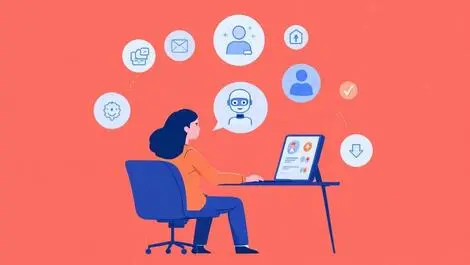 Person at computer interacting with friendly ai assistant learning safety compliance