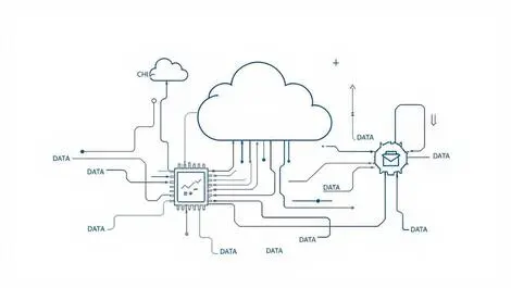 Cloud connected to computer chip with data streams simple illustration