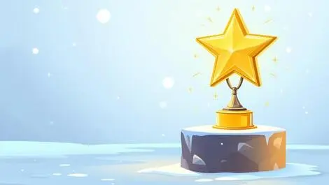 Gold star trophy pedestal shining arctic background achievement
