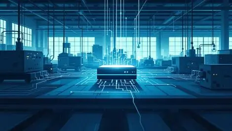 Realistic industrial factory machines central compact device light data flow edge computing