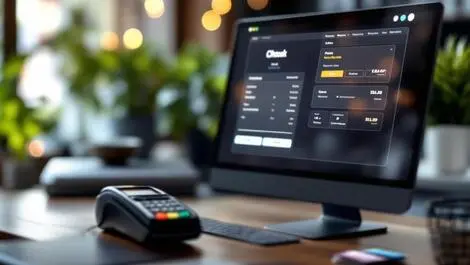 Realistic photo computer screen online checkout payment terminal credit cards ecommerce