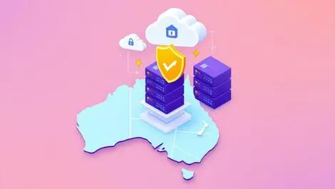 Secure data center servers cloud icons shield map australia new zealand