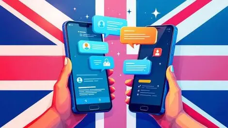 Two smartphones exchanging chat bubbles with icons uk flag background