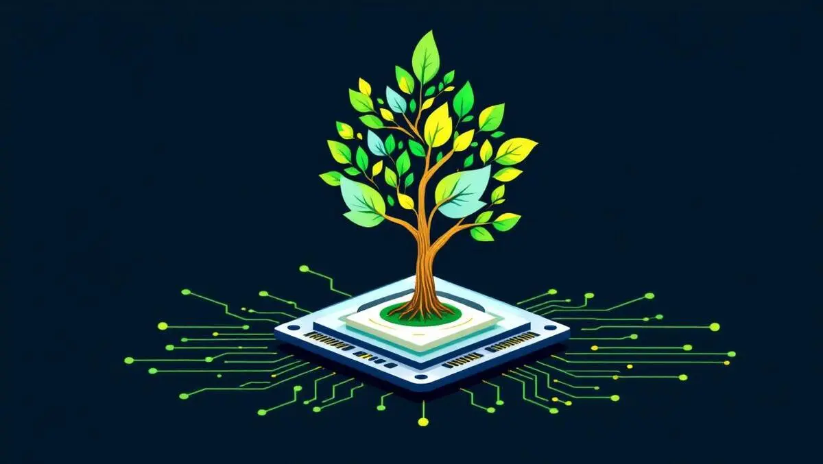 Tree growing from computer motherboard with green leaves circuit lines integration environment tech management