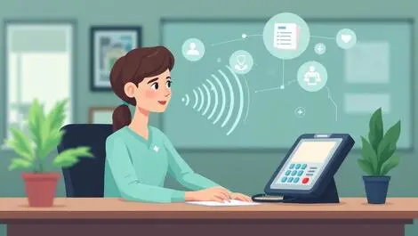 Healthcare office desk phone digital sound waves medical icons voice calls