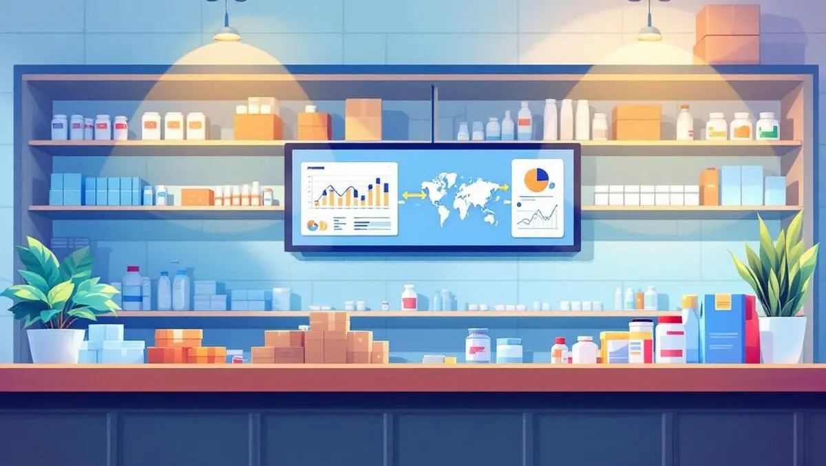 Realistic modern australian pharmacy counter shelves medicine digital screen graphs supply chain management