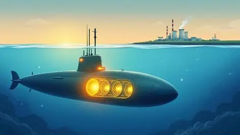 Nuclear powered submarine underwater glowing reactor core vs distant guarded nuclear facility land