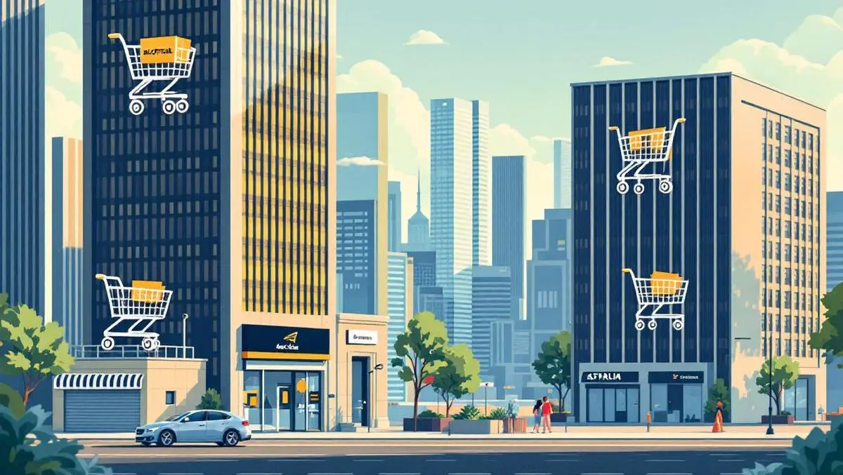 Illustration australian storefronts shadowed by giant ecommerce buildings cityscape