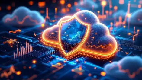 Digital shield glowing analytical graphs advanced cloud security analytics