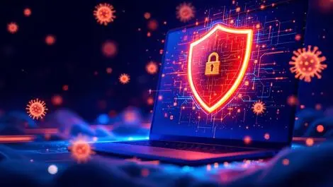 Digital shield glowing on computer screen with abstract virus icons dissolving