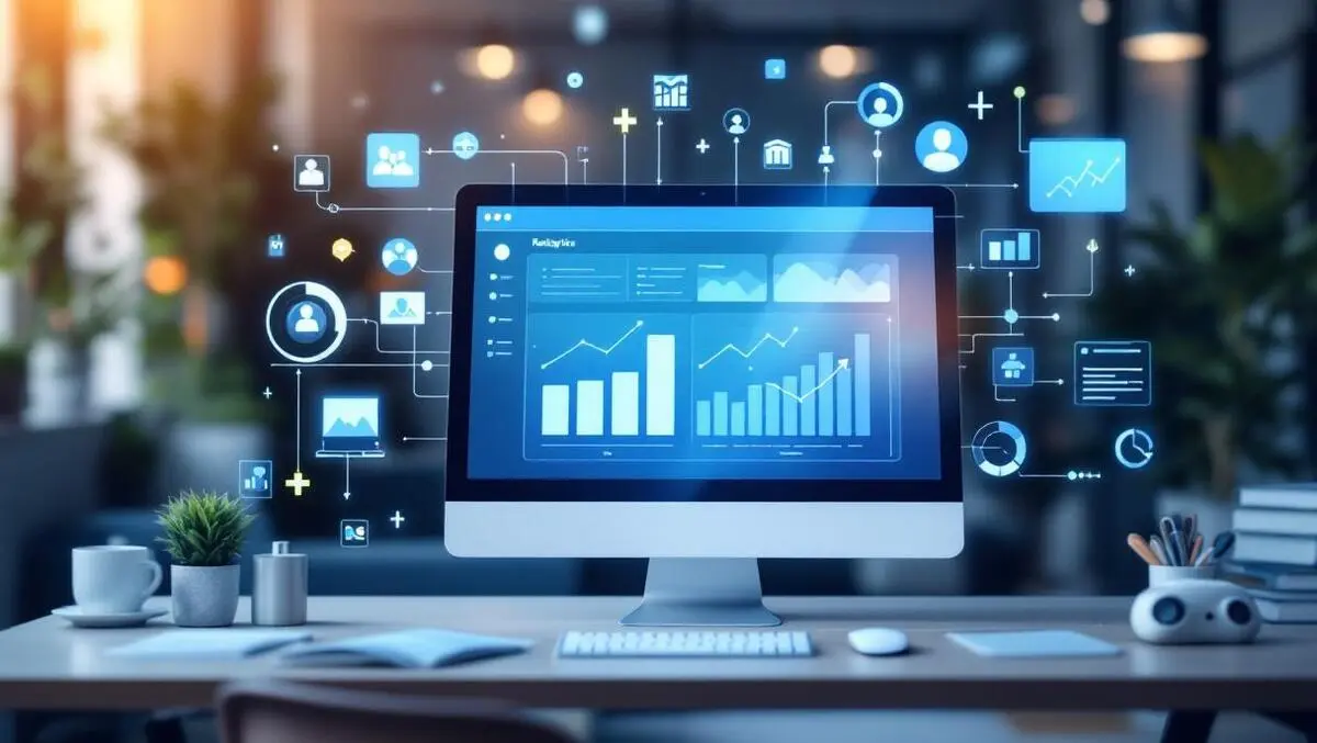 Photorealistic retail analytics dashboard data flow customer profiles desk