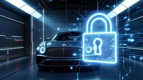 Luxury bentley gt in high tech garage with digital lock symbol