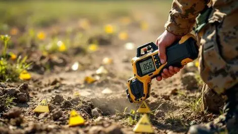 Realistic photo handheld landmine detector person protective gear minefield