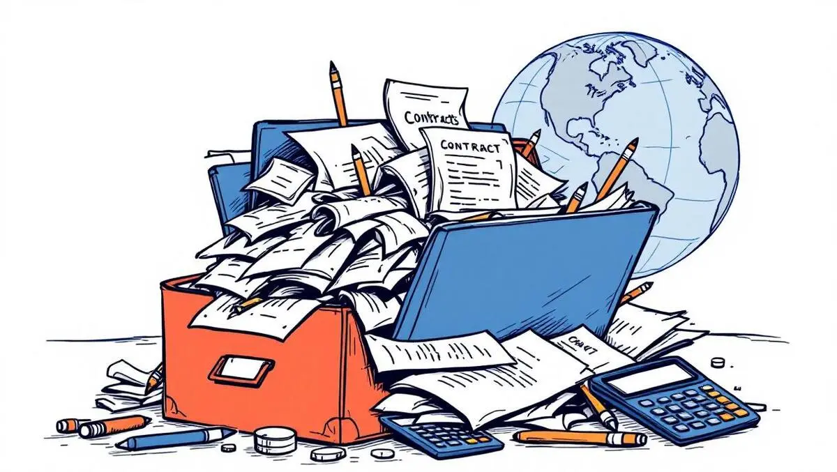 Tangled contracts pens calculators overflowing folders global inefficiency