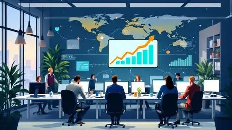 Realistic modern office bristol workers desks computers graph upward growth global connections uk us