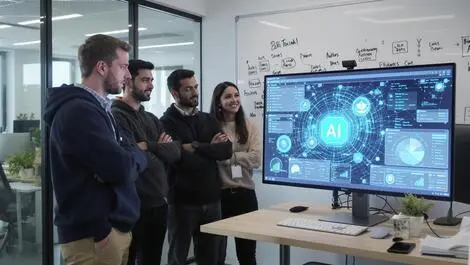 Young australian office workers around ai computer curious enthusiastic but uncertain modern office