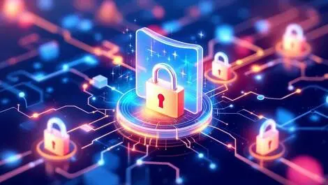 Digital illustration interconnected data nodes secure padlocks encrypted transfer