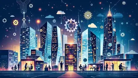 Modern uk office buildings ai software development digital gears