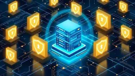 Secure data center mainframe computers glowing shields advanced protection australia