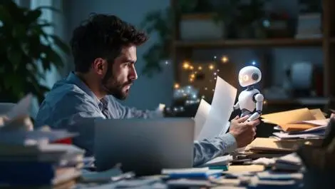 Anxious australian person surrounded by paperwork with robot assistant hologram at home office