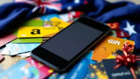 Open digital wallet smartphone surrounded colorful gift cards australian flag background