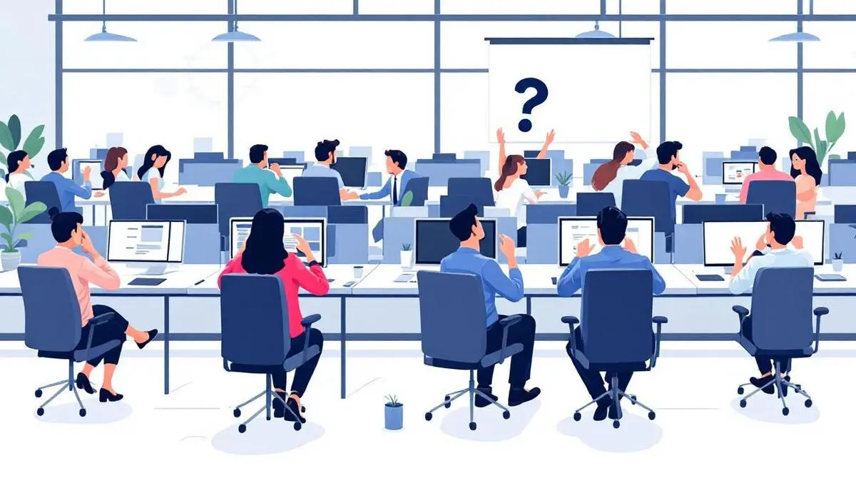 Realistic illustration busy office workers frustrated confused empty malfunctioning screens lack information flow