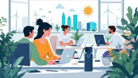 Australian office workers collaborating modern workspace green energy