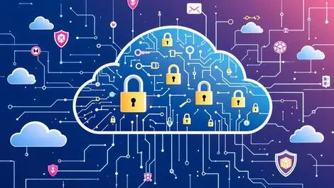 Digital cloud with keys padlocks network security shields protecting identity