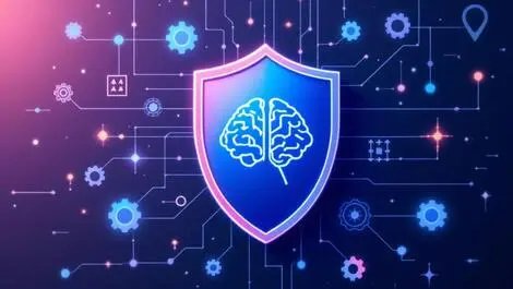 Shield protecting interconnected ai brain icons and gears enterprise ai security risk management