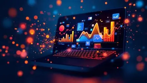 Ai generated graphs and charts emerging from computer screen with floating abstract data points