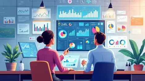 Business people analyzing digital graphs ai tech modern office