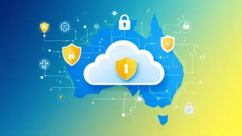 Secure cloud with shields digital security icons over australian map