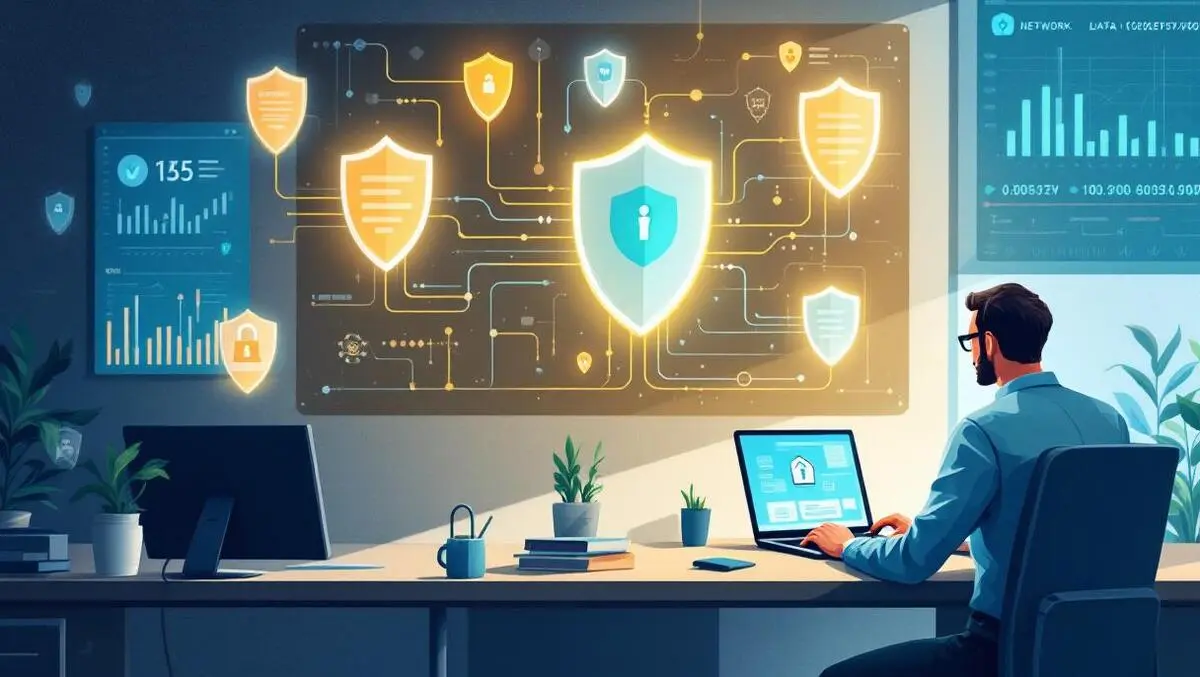 Small business office network computers shields data security cyber defense technician laptop monitoring