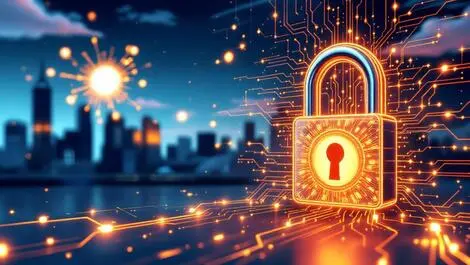 Secure digital lock glowing circuitry sydney skyline cybersecurity tech