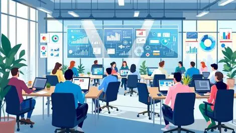 Modern open office people collaborating digital analytics workflows