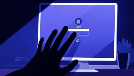 Realistic computer login screen fingerprint scanner security key shadowy hand manipulating settings hidden vulnerability