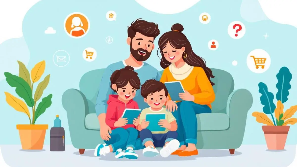 Australian family using digital devices online shopping virtual assistants icons