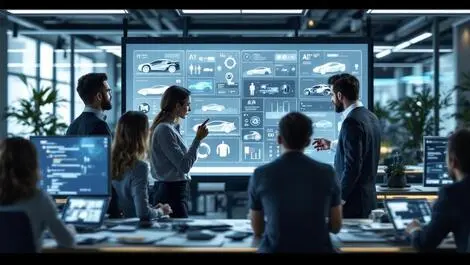 Professional engineers designers collaborate digital interface vehicle ai modern office