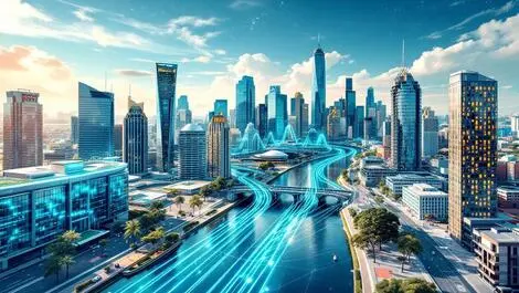Illustrated melbourne cityscape fiber optic cables network connections modern buildings digital infrastructure business growth
