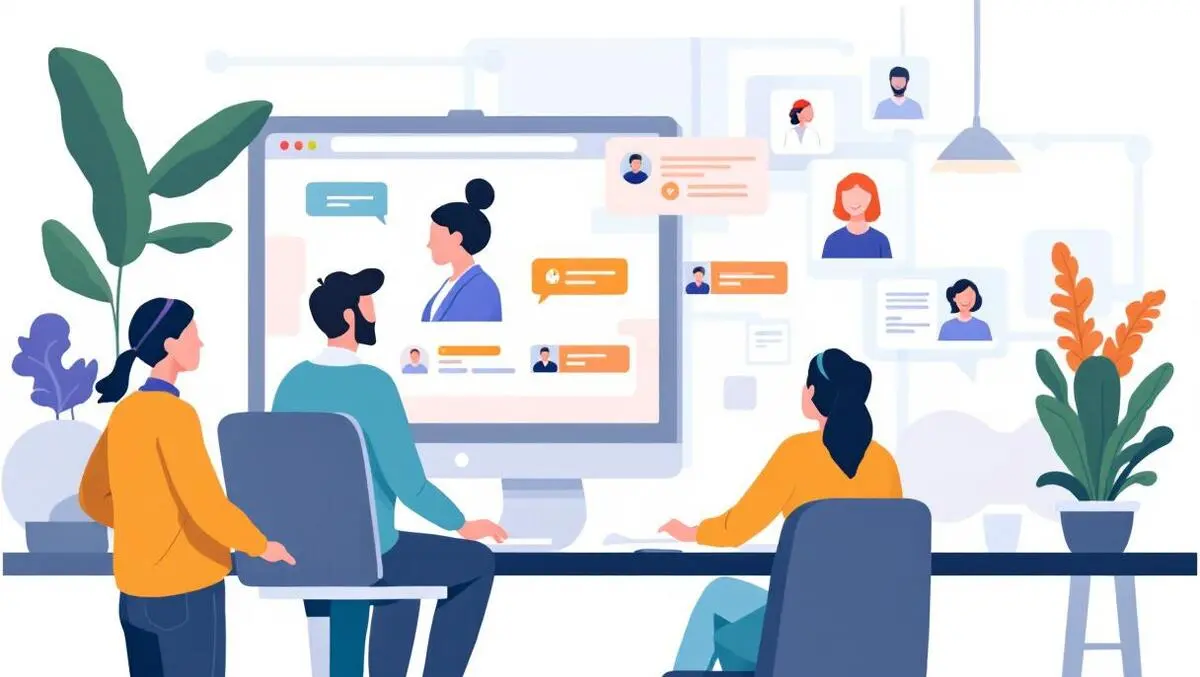 Australian office workers computer chatbot icon happy customers modern office