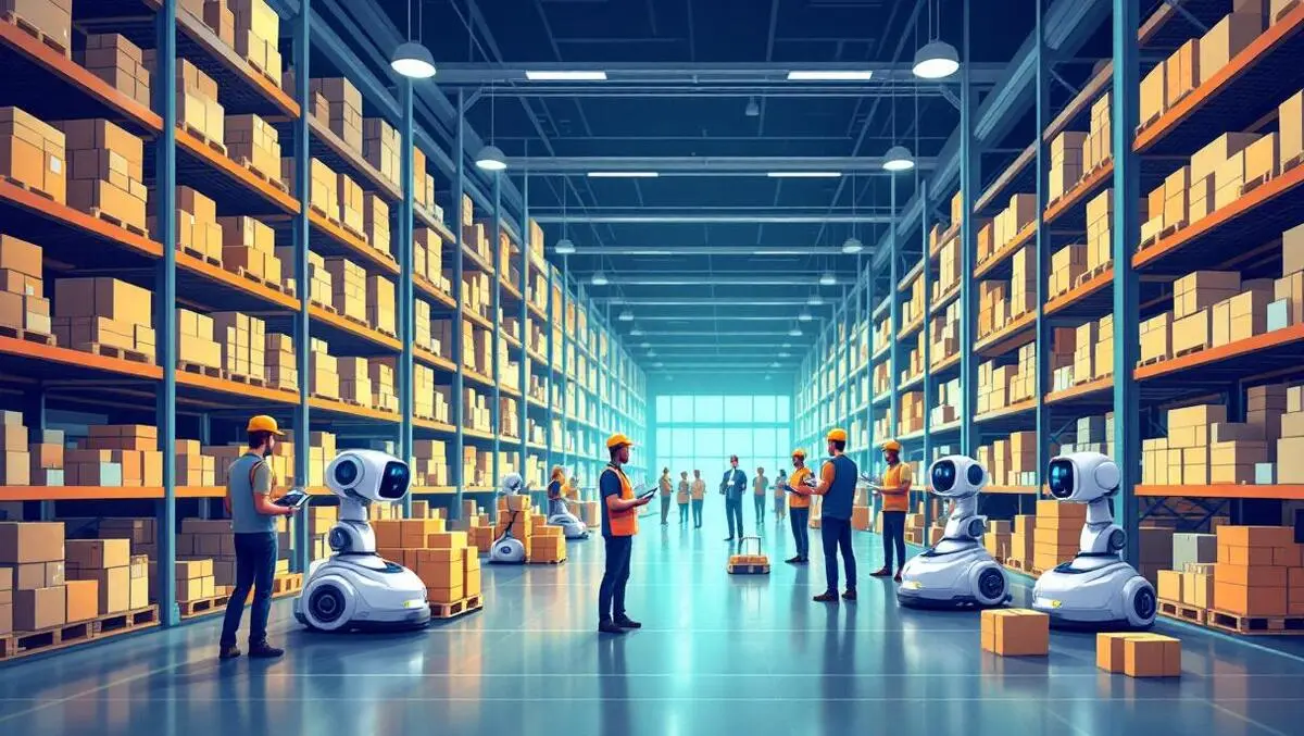 Modern warehouse interior workers handheld devices autonomous robots