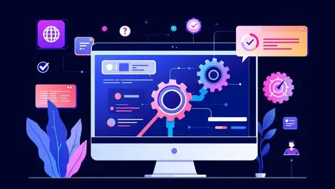 Computer screen illustration gears pipeline automated data sales processes compliance icons