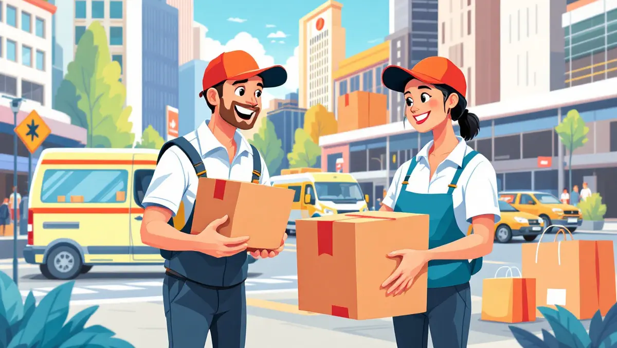 Cheerful australian small business owners parcels delivery vans melbourne cityscape ecommerce growth