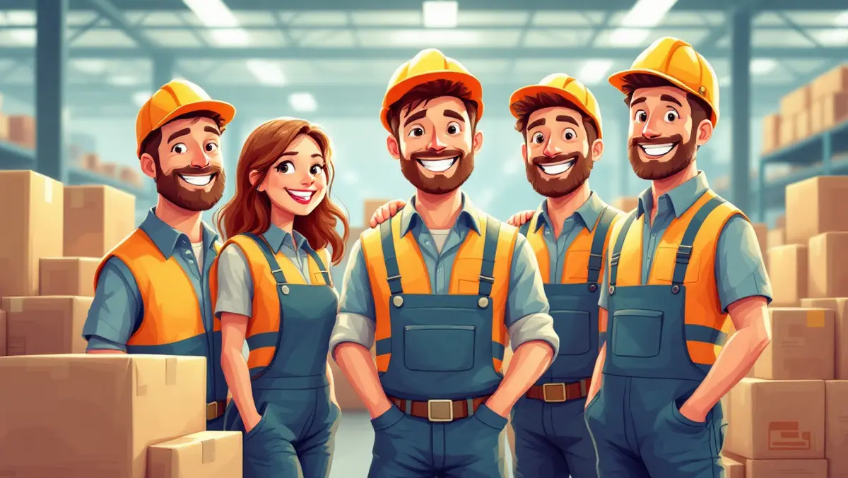 Cheerful australian workers in warehouse with safety vests amid boxes positive workplace culture