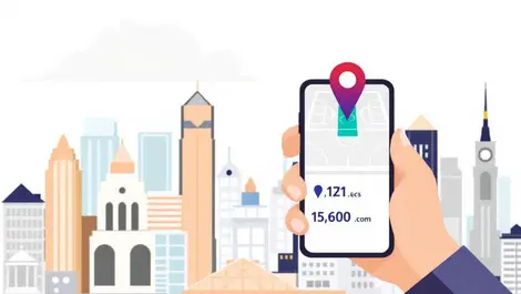 Hand holding smartphone booking basketball court map location pin north america cityscape