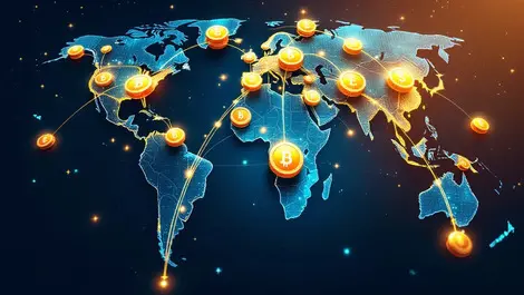 Interconnected global currency coins blockchain chains world map latin america southeast asia africa