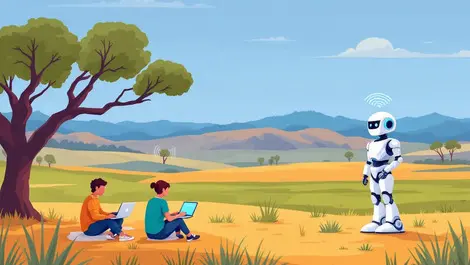 Rural new south wales digital connectivity people robots smartphones laptops illustration