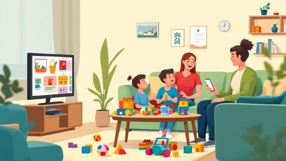 Family watching tv cozy living room toys scattered parent shopping smartphone